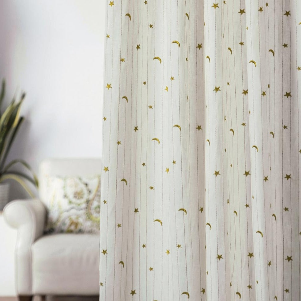 The Little Prince Moon & Star Embroidered Cotton-Linen Drapes/Curtains